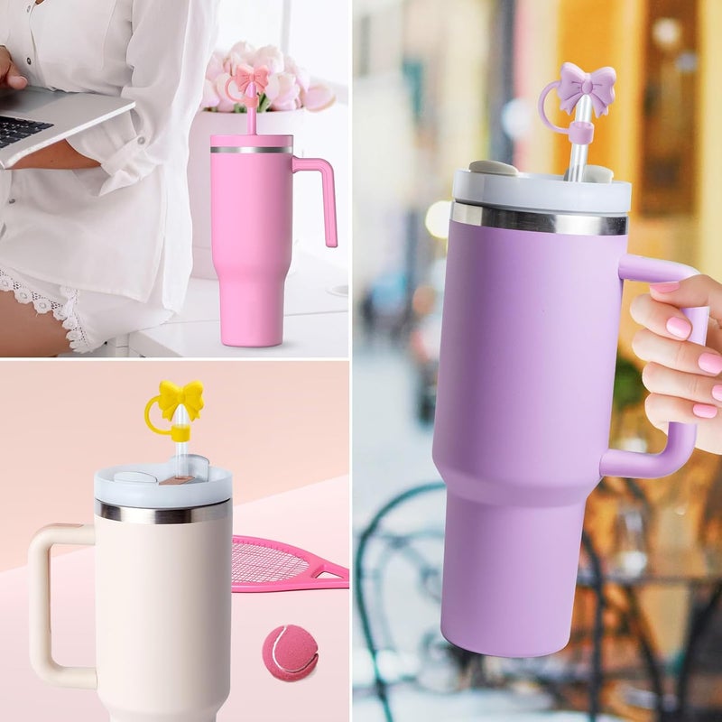 linmaya 6PCS Bow Straw Toppers, Cute Straws Covers for Stanley 30&40 Oz Tumbler with Handle, 10mm Dust-Proof Drinking Straw Dispensers Topper Cap for Girls Kids (Morand Pink Yellow) - Image 5